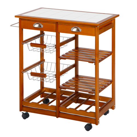 Rolling Kitchen Cart, 2-Drawer Utility Pine Wood Trolley with 2 Baskets, 6-Bottle Wine Rack & Tile Top