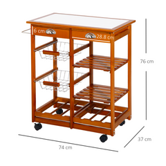 Rolling Kitchen Cart, 2-Drawer Utility Pine Wood Trolley with 2 Baskets, 6-Bottle Wine Rack & Tile Top