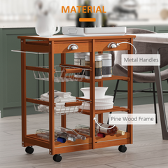 Rolling Kitchen Cart, 2-Drawer Utility Pine Wood Trolley with 2 Baskets, 6-Bottle Wine Rack & Tile Top