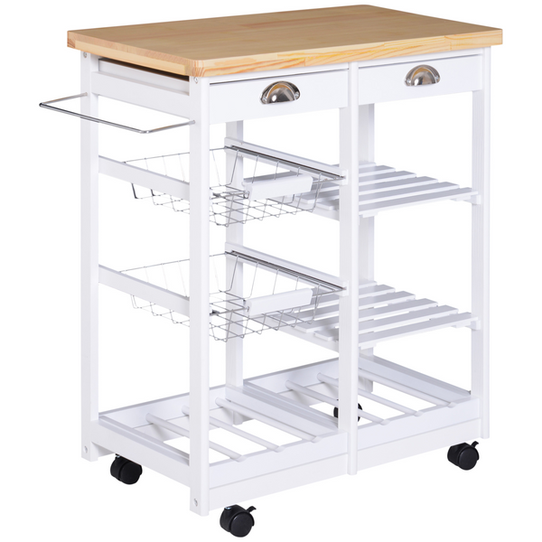 Rolling Kitchen Island Trolley Cart with Drawer, Shelves, Basket, Wheels, and 6-Bottle Wine Rack - White