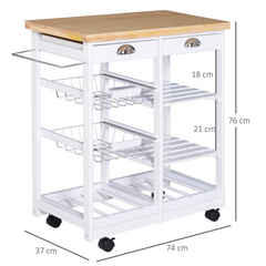 Rolling Kitchen Island Trolley Cart with Drawer, Shelves, Basket, Wheels, and 6-Bottle Wine Rack - White