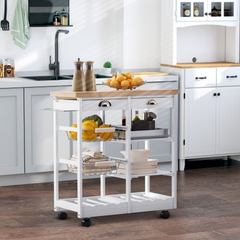 Rolling Kitchen Island Trolley Cart with Drawer, Shelves, Basket, Wheels, and 6-Bottle Wine Rack - White