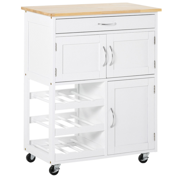 Modern Kitchen Trolley | Rolling Island Storage Cart with Drawer, Wine Rack, Cabinets, Wooden Countertop - White