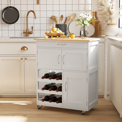 Modern Kitchen Trolley | Rolling Island Storage Cart with Drawer, Wine Rack, Cabinets, Wooden Countertop - White