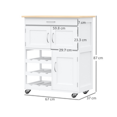 Modern Kitchen Trolley | Rolling Island Storage Cart with Drawer, Wine Rack, Cabinets, Wooden Countertop - White