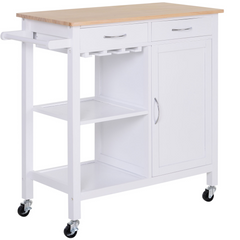 Kitchen Storage Trolley Cart Cupboard Rolling Wheels Shelves Cabinet Island with Drawers, Towel Rail, Wine Glass Rack, and Pine Wood Worktop - White