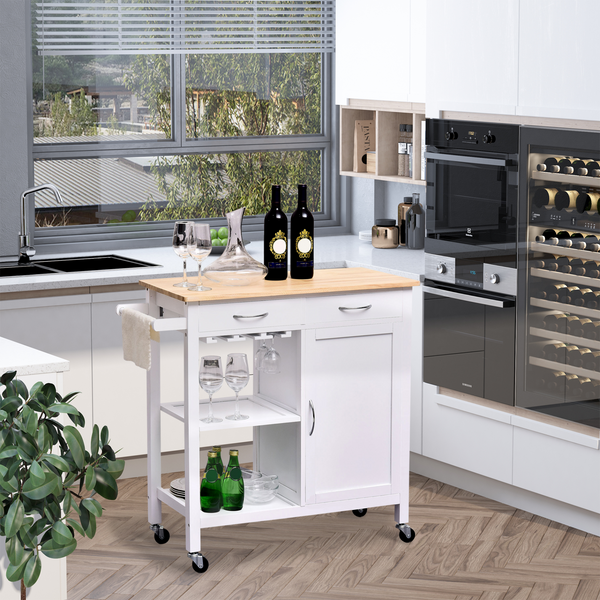 Kitchen Storage Trolley Cart Cupboard Rolling Wheels Shelves Cabinet Island with Drawers, Towel Rail, Wine Glass Rack, and Pine Wood Worktop - White