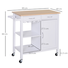 Kitchen Storage Trolley Cart Cupboard Rolling Wheels Shelves Cabinet Island with Drawers, Towel Rail, Wine Glass Rack, and Pine Wood Worktop - White