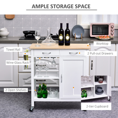 Kitchen Storage Trolley Cart Cupboard Rolling Wheels Shelves Cabinet Island with Drawers, Towel Rail, Wine Glass Rack, and Pine Wood Worktop - White