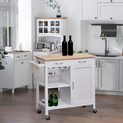 Kitchen Storage Trolley Cart Cupboard Rolling Wheels Shelves Cabinet Island with Drawers, Towel Rail, Wine Glass Rack, and Pine Wood Worktop - White