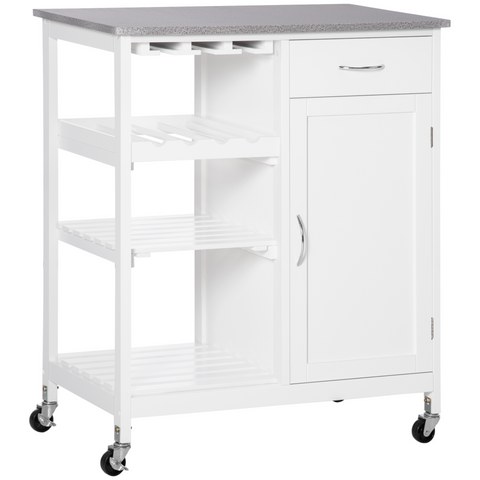 Compact Kitchen Trolley Utility Cart on Wheels - Stylish Marble-Effect Countertop, Wine Rack, Drawer, Open Shelf & Storage Cabinet - Ideal for Dining Room, White