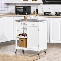 Compact Kitchen Trolley Utility Cart on Wheels - Stylish Marble-Effect Countertop, Wine Rack, Drawer, Open Shelf & Storage Cabinet - Ideal for Dining Room, White