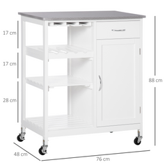 Compact Kitchen Trolley Utility Cart on Wheels - Stylish Marble-Effect Countertop, Wine Rack, Drawer, Open Shelf & Storage Cabinet - Ideal for Dining Room, White