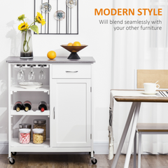 Compact Kitchen Trolley Utility Cart on Wheels - Stylish Marble-Effect Countertop, Wine Rack, Drawer, Open Shelf & Storage Cabinet - Ideal for Dining Room, White