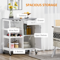 Compact Kitchen Trolley Utility Cart on Wheels - Stylish Marble-Effect Countertop, Wine Rack, Drawer, Open Shelf & Storage Cabinet - Ideal for Dining Room, White