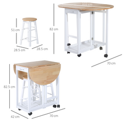 3PC Wooden Kitchen Cart with Rolling Trolley & Folding Bar Table, 2 Stools, Dining Chair, Storage Shelf, 2 Drawers & 6 Wheels - Space-Saving & Multi-Functional