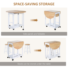 3PC Wooden Kitchen Cart with Rolling Trolley & Folding Bar Table, 2 Stools, Dining Chair, Storage Shelf, 2 Drawers & 6 Wheels - Space-Saving & Multi-Functional