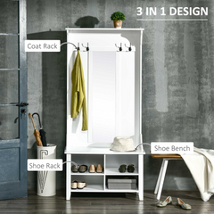 3-in-1 Hallway Furniture Set – Shoe Bench, Storage Mirror Cabinet, Coat Rack with Multiple Cubes and 4 Hangers, Organizer Shelves