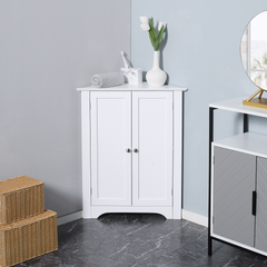 Triangle Bathroom Cabinet, Corner Bathroom Storage Unit with Adjustable Shelf and Recessed Door, Free Standing, White