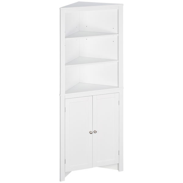 Triangle Bathroom Cabinet, Corner Bathroom Storage Unit with Cupboard and 3-Tier Shelves, Free Standing, White