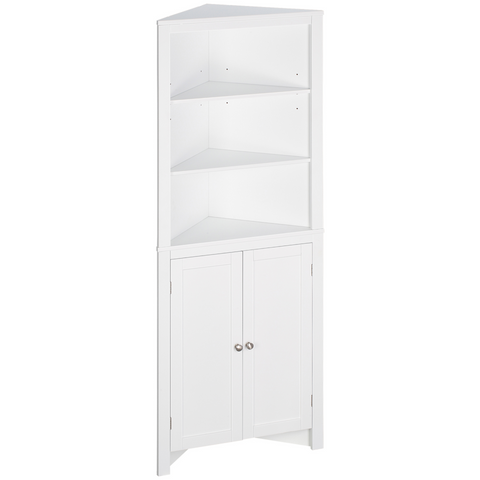 Triangle Bathroom Cabinet, Corner Bathroom Storage Unit with Cupboard and 3-Tier Shelves, Free Standing, White