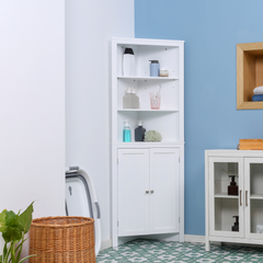 Triangle Bathroom Cabinet, Corner Bathroom Storage Unit with Cupboard and 3-Tier Shelves, Free Standing, White