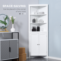 Triangle Bathroom Cabinet, Corner Bathroom Storage Unit with Cupboard and 3-Tier Shelves, Free Standing, White