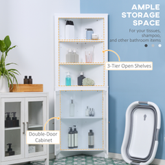 Triangle Bathroom Cabinet, Corner Bathroom Storage Unit with Cupboard and 3-Tier Shelves, Free Standing, White