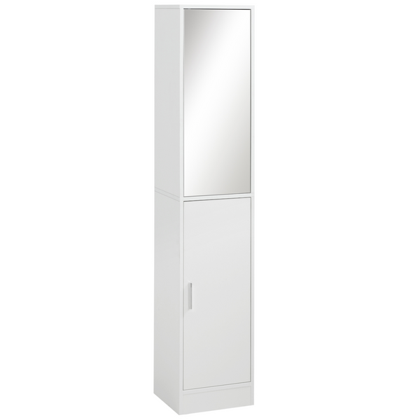 Tall Mirrored Bathroom Cabinet, Bathroom Storage Cupboard, Floor Standing Tallboy Unit with Adjustable Shelf, White