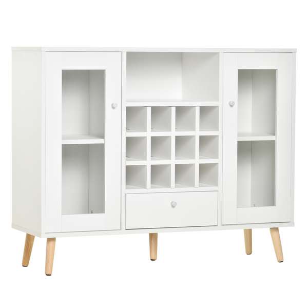 Modern Sideboard Storage Cabinet with Glass Doors, Drawer & 12-Bottle Wine Rack for Kitchen, Dining & Living Room - White