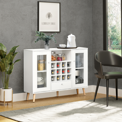 Modern Sideboard Storage Cabinet with Glass Doors, Drawer & 12-Bottle Wine Rack for Kitchen, Dining & Living Room - White