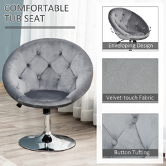 Modern Adjustable Height Bar Stool - Grey Velvet-Touch Tufted Tub Chair with Swivel Seat, Ideal for Dining and Home Bar