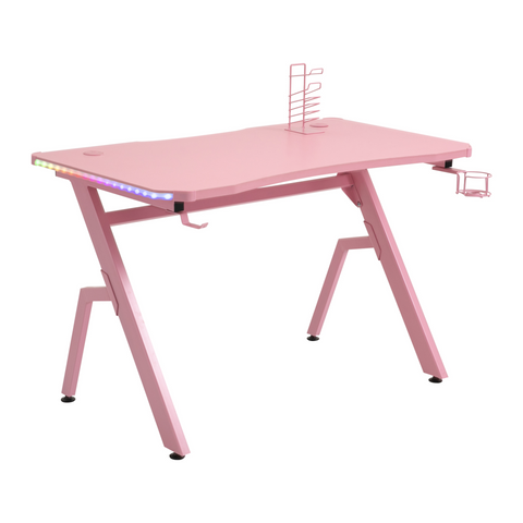 Ergonomic Gaming Desk with RGB LED Lights, Cup Holder & Cable Management - Pink