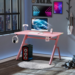 Ergonomic Gaming Desk with RGB LED Lights, Cup Holder & Cable Management - Pink