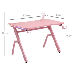 Ergonomic Gaming Desk with RGB LED Lights, Cup Holder & Cable Management - Pink