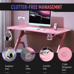 Ergonomic Gaming Desk with RGB LED Lights, Cup Holder & Cable Management - Pink