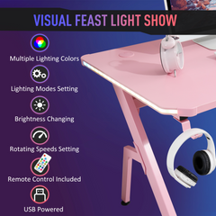 Ergonomic Gaming Desk with RGB LED Lights, Cup Holder & Cable Management - Pink