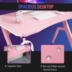 Ergonomic Gaming Desk with RGB LED Lights, Cup Holder & Cable Management - Pink