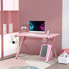 Ergonomic Gaming Desk with RGB LED Lights, Cup Holder & Cable Management - Pink