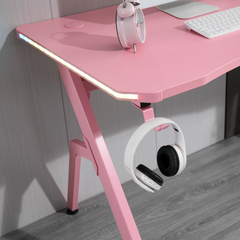 Ergonomic Gaming Desk with RGB LED Lights, Cup Holder & Cable Management - Pink