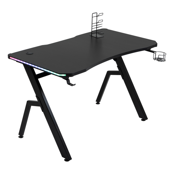 Ergonomic Gaming Desk with RGB LED Lights, Cup Holder, Controller Rack & Cable Management, Black