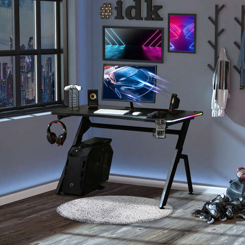 Black Ergonomic Gaming Desk with RGB LED Lights