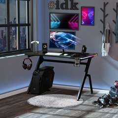 Ergonomic Gaming Desk with RGB LED Lights, Cup Holder, Controller Rack & Cable Management, Black