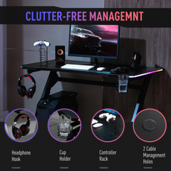 Ergonomic Gaming Desk with RGB LED Lights, Cup Holder, Controller Rack & Cable Management, Black