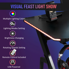 Ergonomic Gaming Desk with RGB LED Lights, Cup Holder, Controller Rack & Cable Management, Black