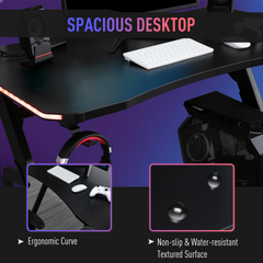 Ergonomic Gaming Desk with RGB LED Lights, Cup Holder, Controller Rack & Cable Management, Black