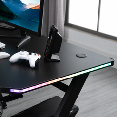 Ergonomic Gaming Desk with RGB LED Lights, Cup Holder, Controller Rack & Cable Management, Black