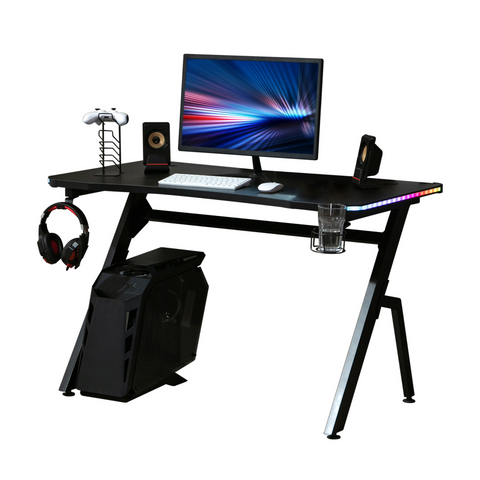 Ergonomic Gaming Desk with RGB LED Lights, Cup Holder, Controller Rack & Cable Management, Black