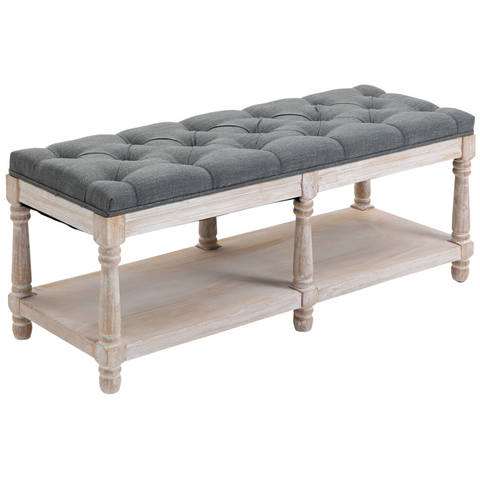 2-Tier Bed End Bench with Storage Shelf, Button Tufted Upholstered Footstool, Wooden Window Seat for Living Room, Bedroom, Entryway, Grey