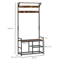 3-in-1 Coat Rack Stand with Shoe Storage Bench and 9 Hooks - Stylish Brown and Black 180cm for Entryway, Bedroom, Living Room